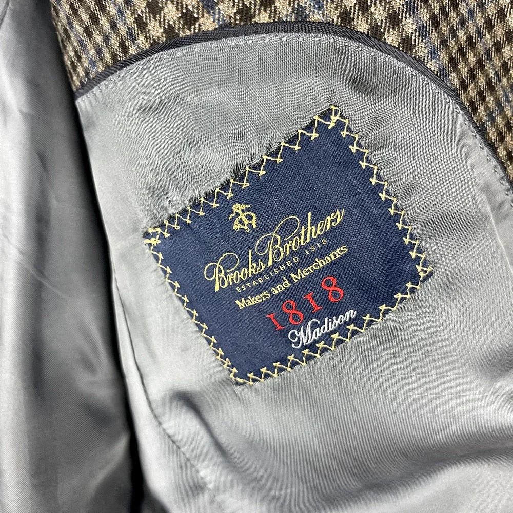 Brooks‎ Brothers 1818 Madison Saxxon Wool Blazer Mens 42L Black Tan Check Plaid